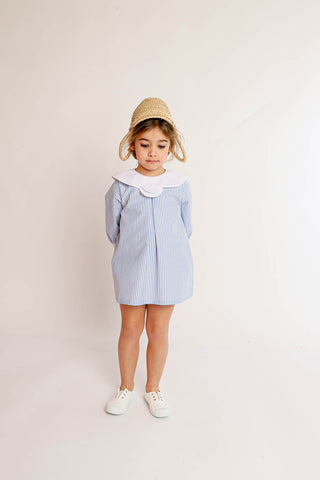Vestido rayas azul cuello flor